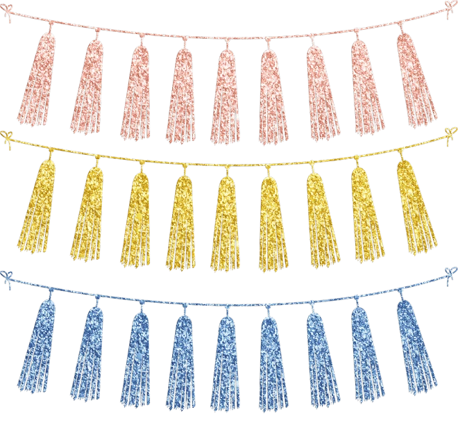 a bunch of tassels hanging from a string, a digital rendering, shutterstock, sōsaku hanga, golden and copper shining armor, 3 colors, birthday, on black background
