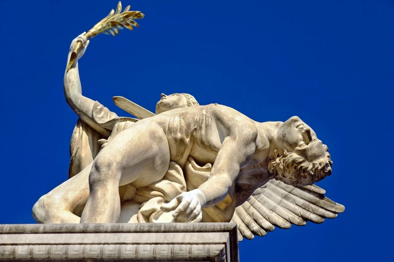 a statue of an angel on top of a building, by Achille Leonardi, trending on pixabay, neoclassicism, furious god zeus, venice biennale's golden lion, angel protecting man, afp