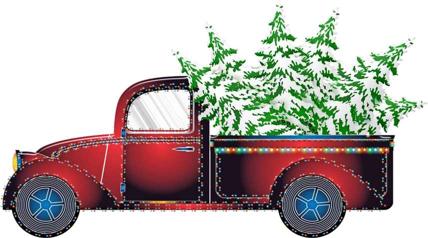 a red truck with christmas trees in the back, a digital rendering, by Bob Singer, lighting path traced, -h 1024, detail, fully decorated