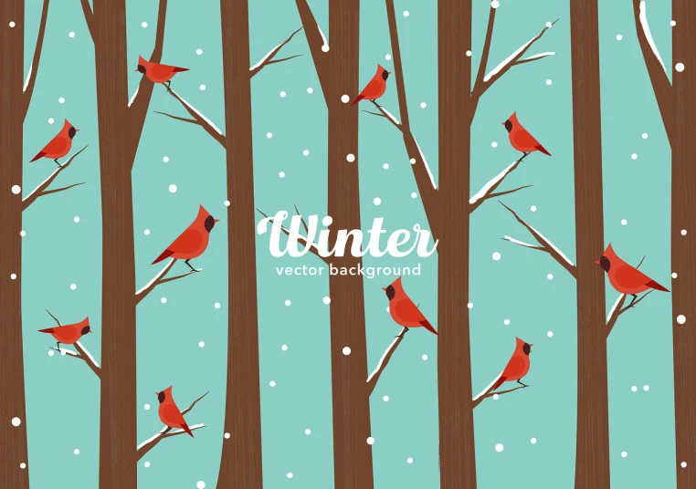 a group of birds sitting on top of a tree, vector art, winter park background, red and teal color scheme, cover illustration, woods background