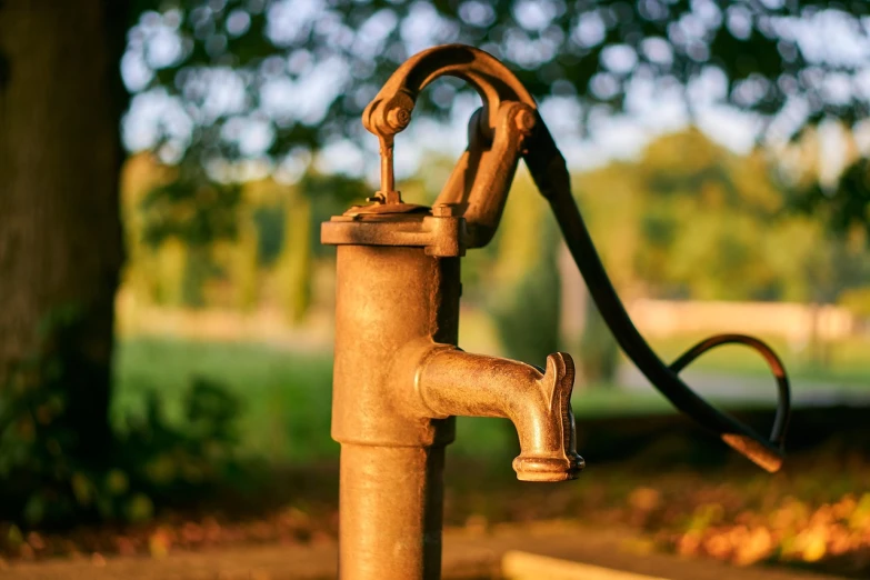 a rusty water pump sitting in the middle of a park, a tilt shift photo, shutterstock, golden hour closeup photo, hoses, made of polished broze, close-up product photo