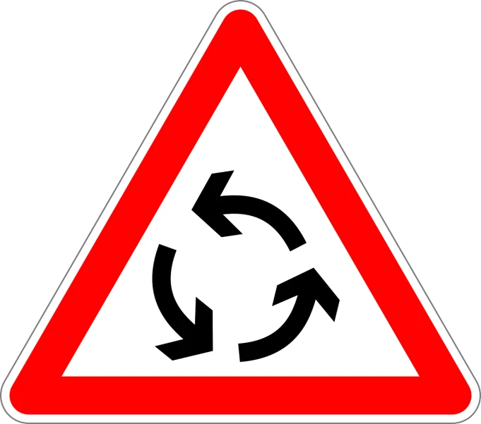 a red and white triangular sign with arrows, a picture, by Luděk Marold, pixabay, les automatistes, spinning, trinity, driving, hydra