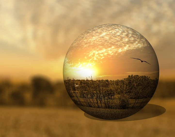 a close up of a sphere with a sunset in the background, digital art, inspired by Buckminster Fuller, pixabay, levitating agricultural sphere, mirror and glass surfaces, stock photo, sunny landscape