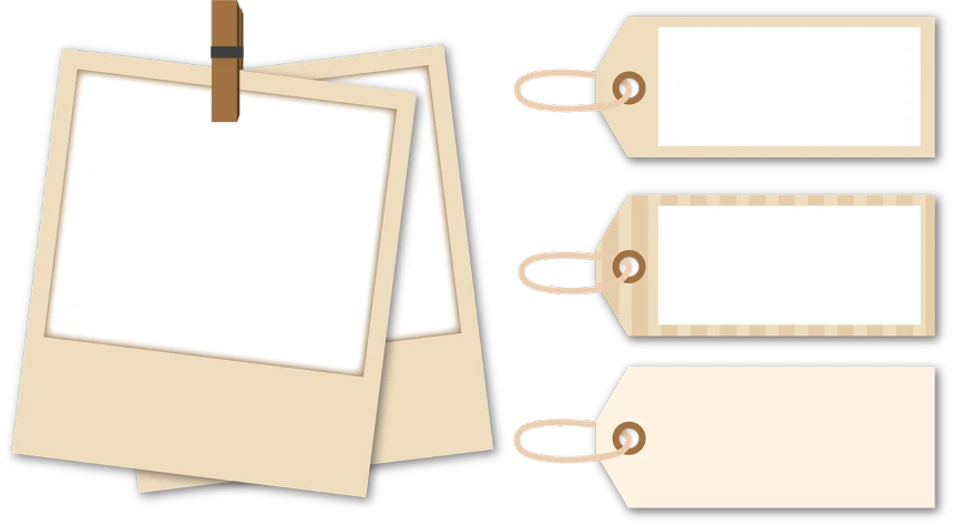 three blank photos hanging on a clothes line, inspired by Masamitsu Ōta, trending on pixabay, card back template, clipart icon, with blunt brown border, tag