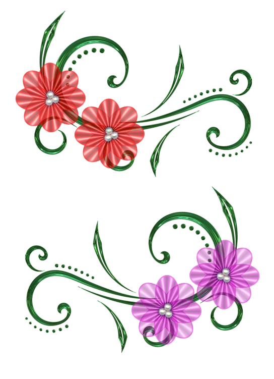 a pair of red and purple flowers on a black background, inspired by Margaret Brundage, deviantart, green and pink, cyber embellishment, scrolls, various styles