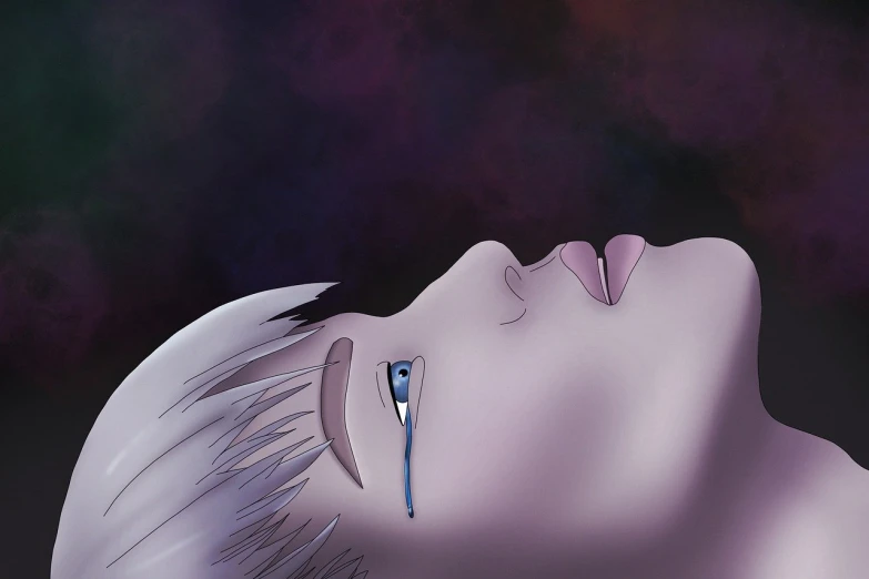 a close up of a person with a pair of scissors in their mouth, a digital painting, inspired by Aaron Nagel, tumblr, vergil, lying on an empty, crying big blue tears, anime beautiful peace scene