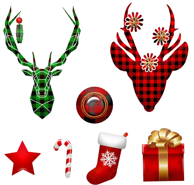 a collection of christmas items on a black background, inspired by Rudolph Belarski, digital art, checkered motiffs, profile pic, clipart icon, 💣 💥💣 💥