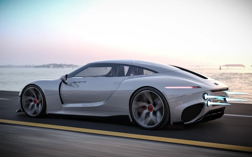 a silver sports car driving down a road next to the ocean, a digital rendering, inspired by Harry Haenigsen, jaguar, concept photos, shot from the side, full body close-up shot