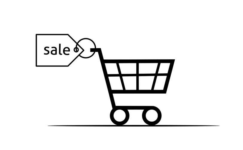 a shopping cart with a sale tag on it, pixabay, minimalist line drawing, a wide full shot, wide scene, white background