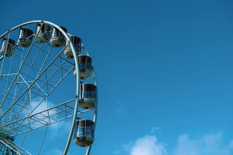 a ferris wheel against a blue sky with clouds, a picture, by Matthias Weischer, hurufiyya, hero shot, advert, round-cropped, wheels