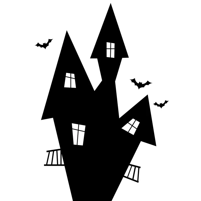 a black and white picture of a house with bats flying around it, a cartoon, pixabay, gothic art, stacked image, siluette, isolated on white background, istockphoto