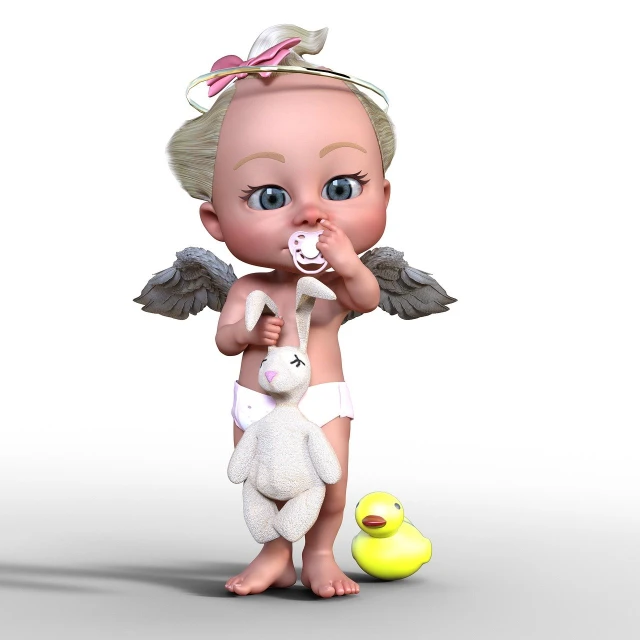 a baby with angel wings and a pacifier next to a rubber duck, a 3D render, trending on cg society, character is in her natural pose, smoth 3 d illustration, lola bunny fanart, high detail illustration