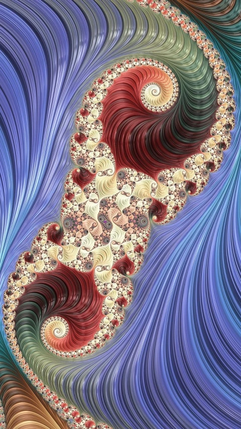 a close up of a piece of paper art, a digital rendering, inspired by Benoit B. Mandelbrot, shells, fractal tarot card style, colorful composition, twisted waterway