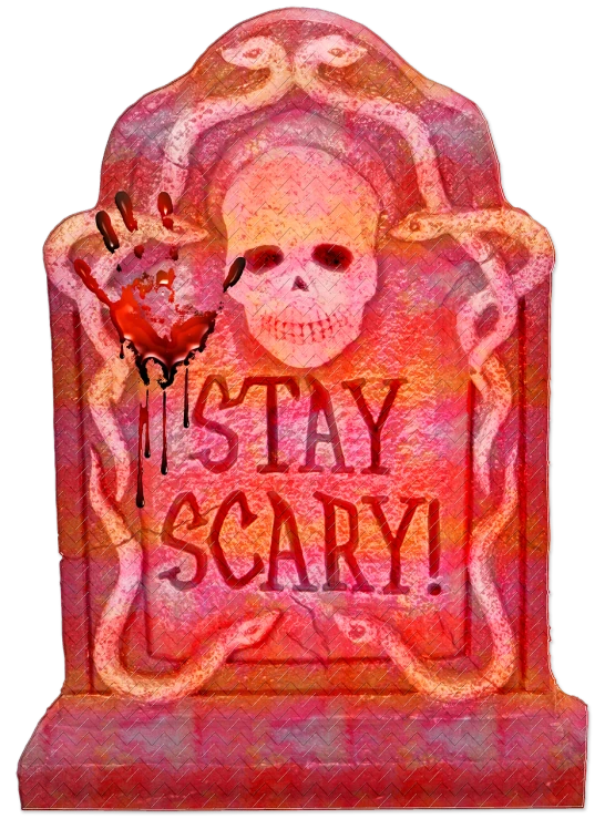 a close up of a tombstone with a skull on it, a digital rendering, graffiti, blood moon tentacles!!, spooky halloween fun, scaly, sign