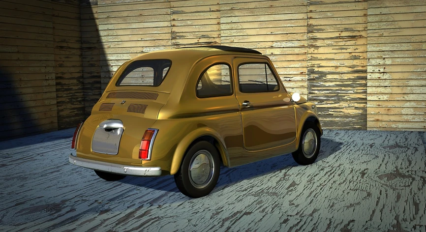 a small yellow car parked in front of a wooden wall, a 3D render, inspired by Italo Mus, trending on pixabay, renaissance, bronze poli, rear shot, raytraced lights and shadows, italian style