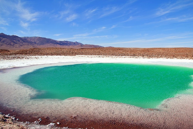 a green pool of water in the middle of a desert, a photo, by Whitney Sherman, shutterstock, chile, las vegas, heaven on earth, salt