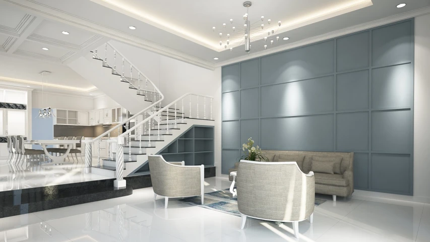 a living room filled with furniture and a staircase, light and space, white grey blue color palette, white tile on the floor, luxurious environment, grey color scheme