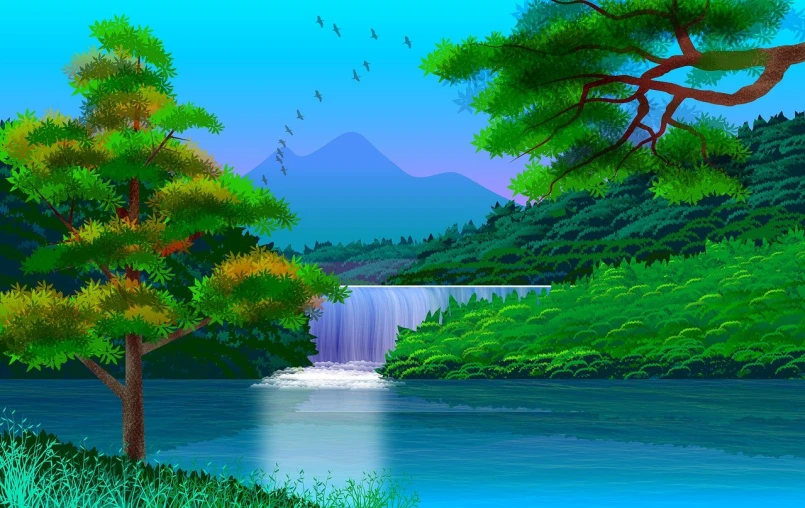 a painting of a waterfall in the middle of a forest, digital art, mount fuji background, highly detailed vector art, a beautiful artwork illustration, beautiful lake in the foreground