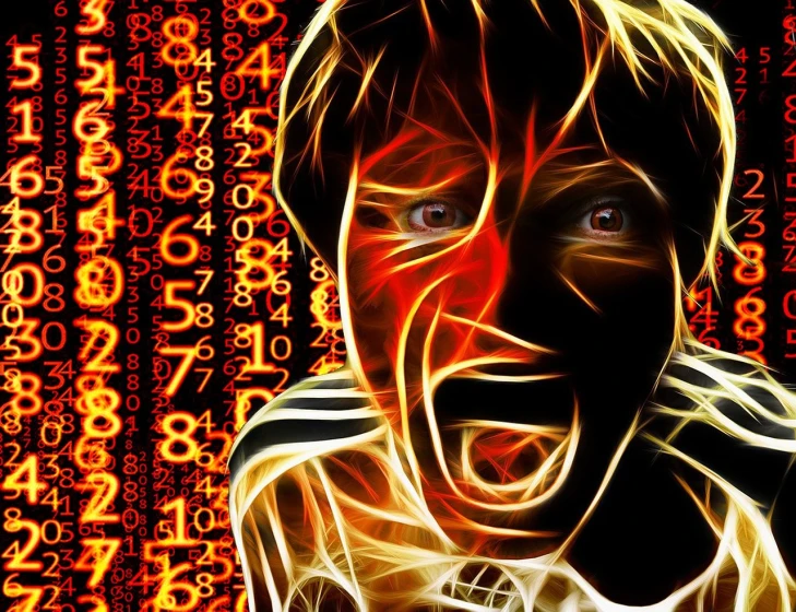 a close up of a person with numbers in the background, by Jon Coffelt, pixabay contest winner, digital art, screaming in agony, human torch, hacker, linus tech tips