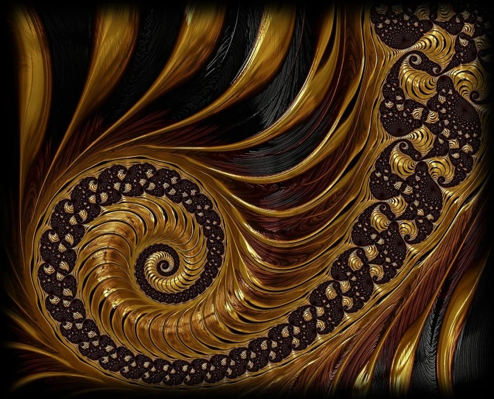 a close up of a gold and black swirl, digital art, inspired by Benoit B. Mandelbrot, deviantart, chocolate art, golden jewels, intricate”