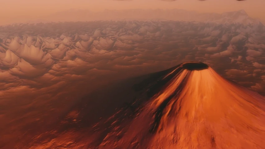 an aerial view of a volcano in the sky, polycount contest winner, hurufiyya, mars vacation photo, closeup 4k, dusk on jupiter, photoreal”
