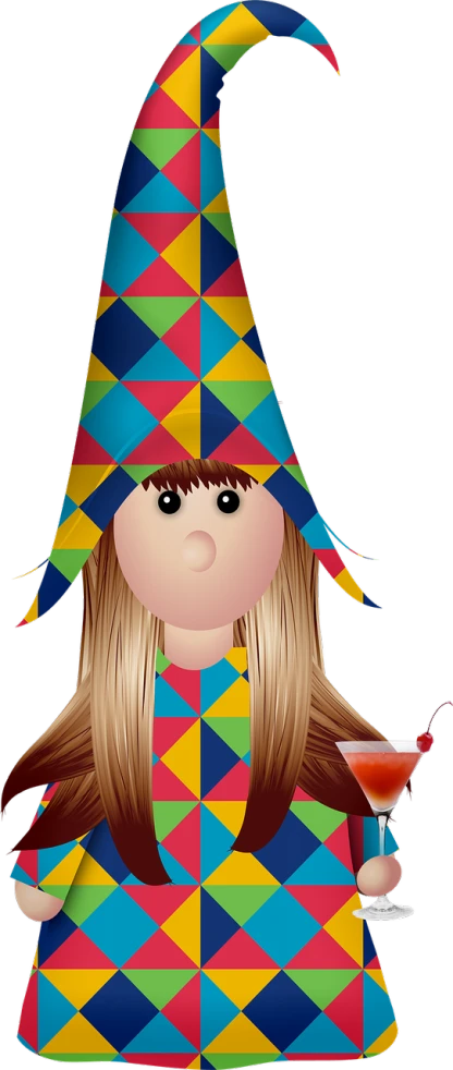 a little girl wearing a colorful hat and holding a wine glass, pixabay contest winner, digital art, triangular face, puppets, dark!!!, avatar with a blond hair