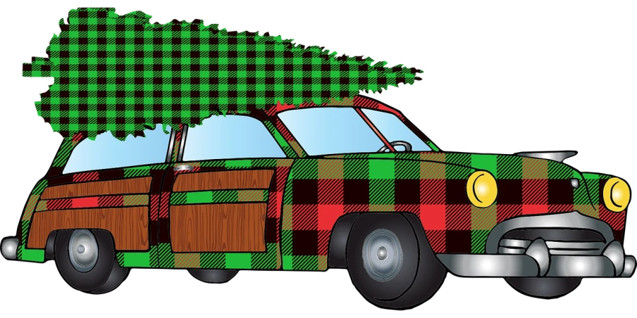 a car with a christmas tree on top of it, digital art, tartan garment, seventies era, wooden, register