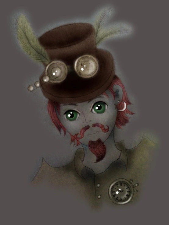 a close up of a person wearing a hat, a character portrait, deviantart contest winner, lowbrow, steam-punk illustration, desaturated!!, costume desig, cute boy