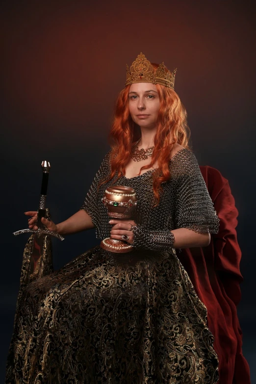 a woman wearing a crown and holding a wine glass, a portrait, inspired by Master of the Legend of Saint Lucy, renaissance, medieval weapon, studio portrait photo, very long flowing red hair, queen chess piece photo portrait