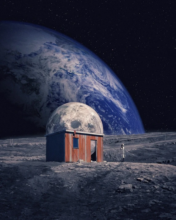 an outhouse on the moon with the earth in the background, a matte painting, tumblr, photomanipulation, moonwalker photo, cabin, surreal photo