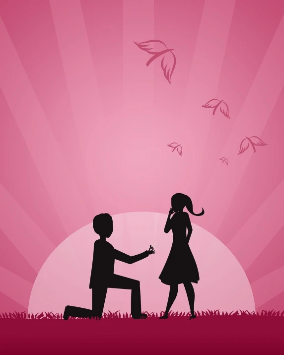 a man kneeling next to a woman on a field, pixabay, romanticism, pink background, the ring is horizontal, vector design, man proposing his girlfriend