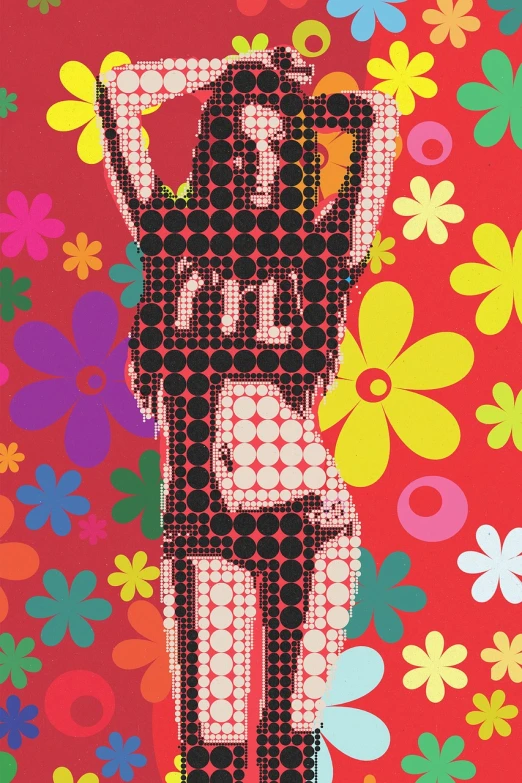 a painting of a woman standing in front of flowers, pop art, pose(arms up + happy), halftone dots, peace sign, detail