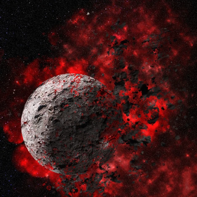 a close up of an object in the sky, a digital rendering, space art, red planetoid exploding, moon surface background, alone in a nebula, asteroid belt