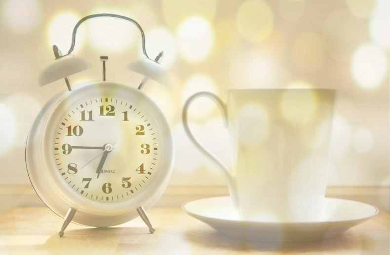 an alarm clock sitting next to a cup of coffee, a digital rendering, happening, gold hour light, glimmering, clocks, banner