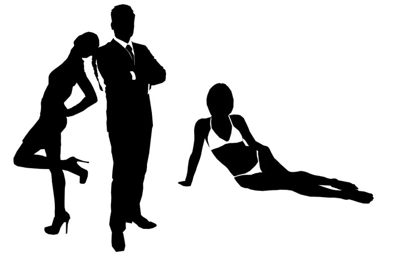 a man in a suit standing next to two women, by Konrad Krzyżanowski, pixabay, figuration libre, is wearing a swimsuit, lying, character silhouette, secret service photos