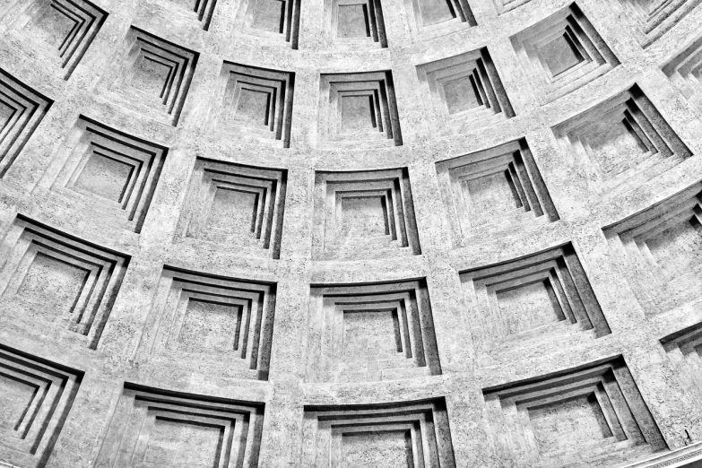 a black and white photo of the inside of a building, by Arthur Sarkissian, unsplash, brutalism, pantheon, detail texture, rome, sharp geometrical squares