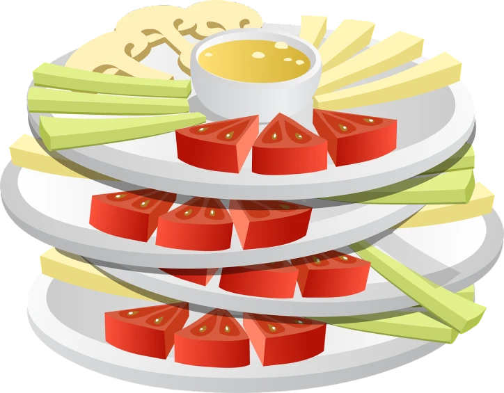 a stack of plates with different types of food on them, a digital rendering, inspired by Satake Yoshiatsu, pixabay, art nouveau, also one tomato slice, wikihow illustration, full body close-up shot, cut-scene