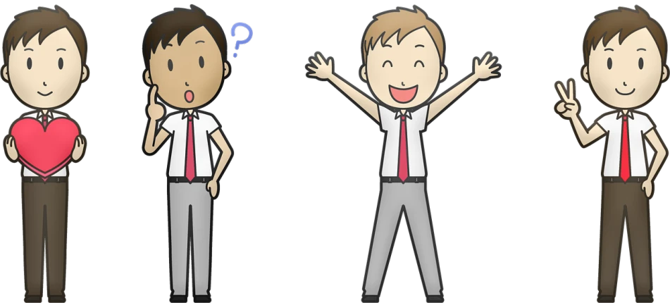 a couple of men standing next to each other, a cartoon, by David Burton-Richardson, trending on pixabay, shrugging, wearing a shirt with a tie, pose(arms up + happy), do you want to know