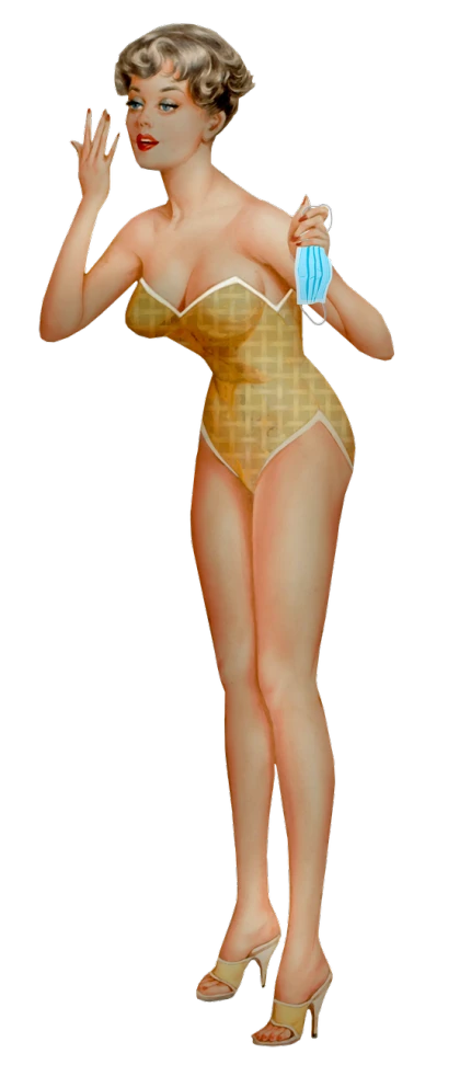 a woman in a bathing suit holding a cup of coffee, a digital rendering, inspired by Alberto Vargas, standing in gold foil, asuka suit under clothes!, cel shaded!!!, detail