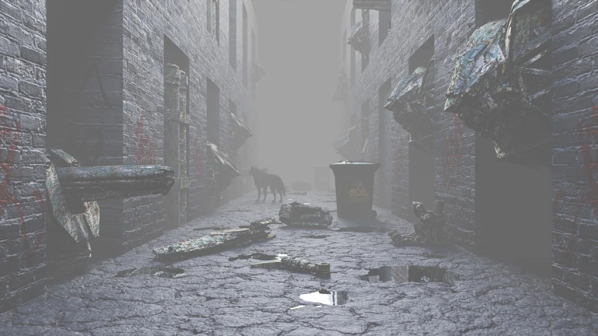 a dog that is standing in the middle of a street, a matte painting, conceptual art, trash ; basement, dense volumetric fog, impending doom in an alleyway, trash scattered everywhere