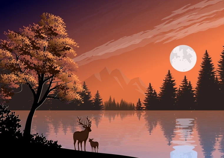 a couple of deer standing next to a body of water, vector art, beautiful dark landscape, at sunset in autumn, mountains river trees, an image of a moonlit forest