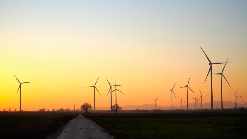 a group of windmills in a field at sunset, by Jens Søndergaard, pexels contest winner, minimalism, tree-lined path at sunset, 1128x191 resolution, wikimedia commons, energy trails