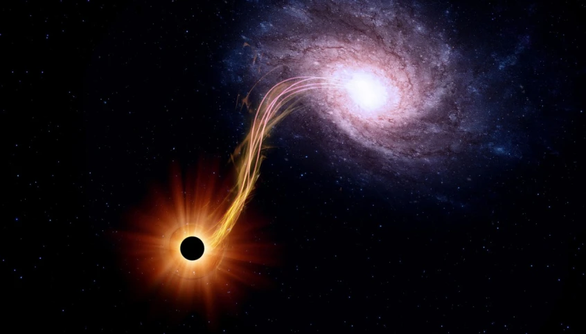 an image of a black hole in the sky, an illustration of, holding onto a galaxy, an illustration, computer generated, photons