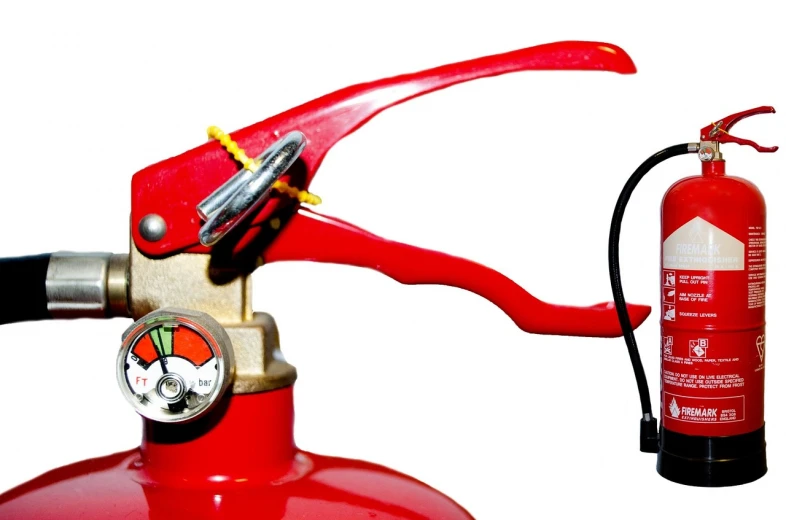 a close up of a fire extinguisor on a white background, a stock photo, by Alexander Fedosav, pixabay, wide screenshot, levers, looking from side, photograph credit: ap