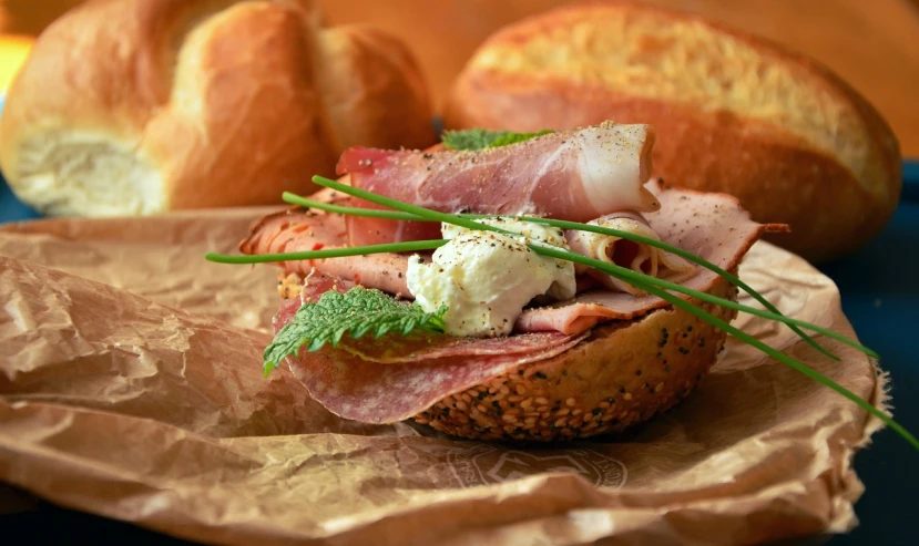 a close up of a bagel with meat and cheese, a portrait, by Dietmar Damerau, pexels, art nouveau, parchment paper, foodphoto, basil gogos, avatar image