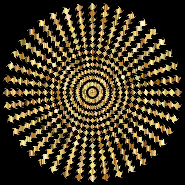 a circular gold pattern on a black background, digital art, pixabay contest winner, op art, fractal arrows, checkered pattern, alternate album cover, on a reflective gold plate