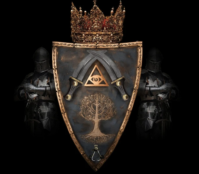 a couple of knights standing next to each other, inspired by Keos Masons, cg society contest winner, brain tree eye holy grail, composite, sheild, history channel