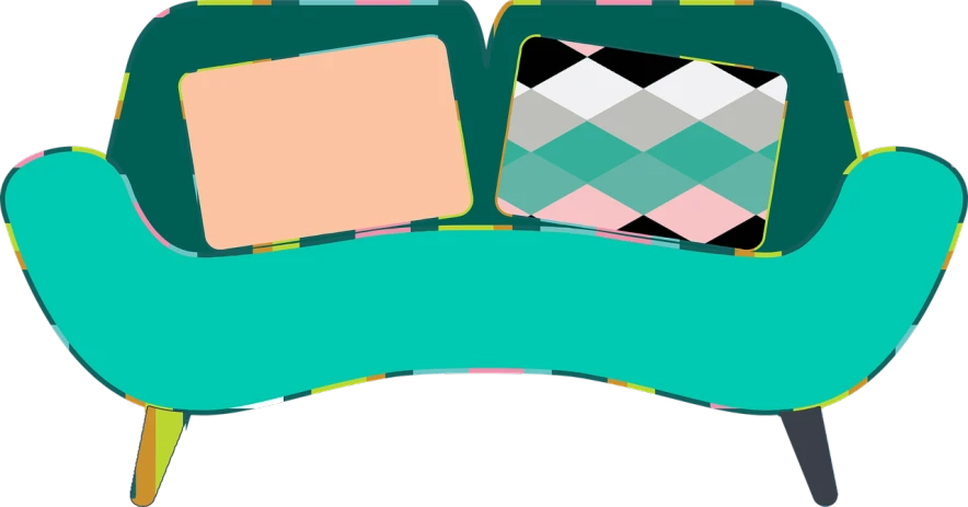 a piece of luggage sitting on top of a green chair, a screenshot, abstract illusionism, pink and teal and orange, adult pair of twins, card template, patterns facing to audience