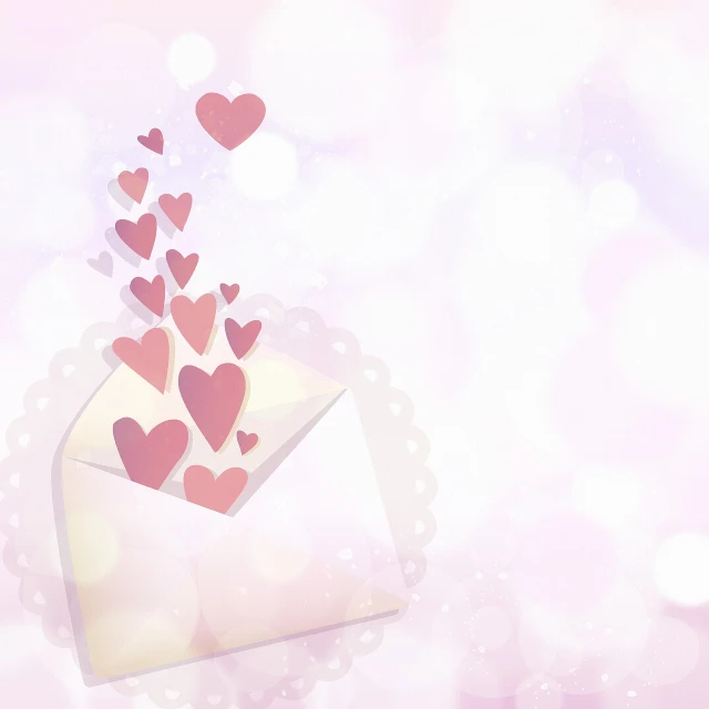 an envelope with hearts flying out of it, a picture, romanticism, dull pink background, けもの, bokeh in the background only, a beautiful artwork illustration