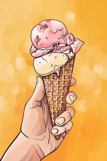 a person holding an ice cream cone in their hand, inspired by Adriaen Hanneman, shutterstock contest winner, pop art, ultra detailed illustration, dribbble illustration, delicacy, gooey skin